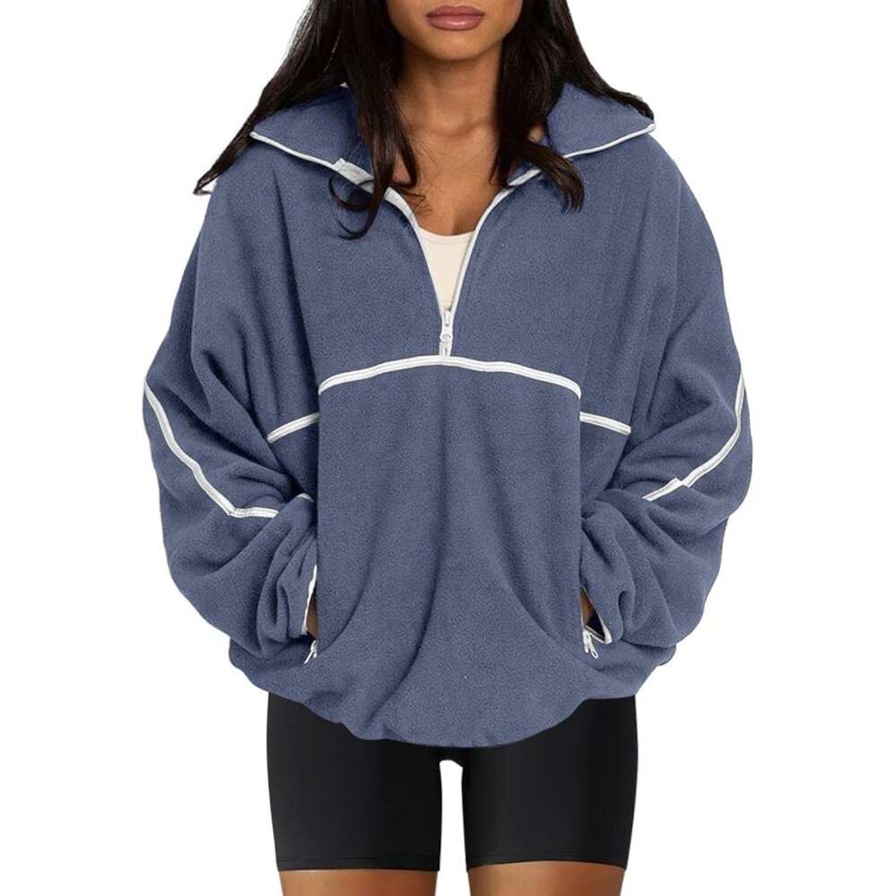 Women's Blue Half Zip Pullover Sweatshirt Sherpa Fleece Jacket Oversized
